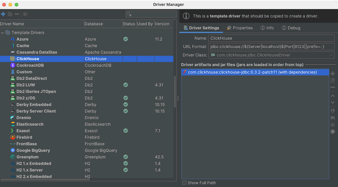 DbVisualizer driver manager interface showing ClickHouse JDBC driver configuration - Zoomed