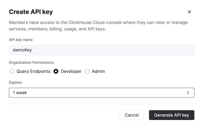 Create API key form - Zoomed