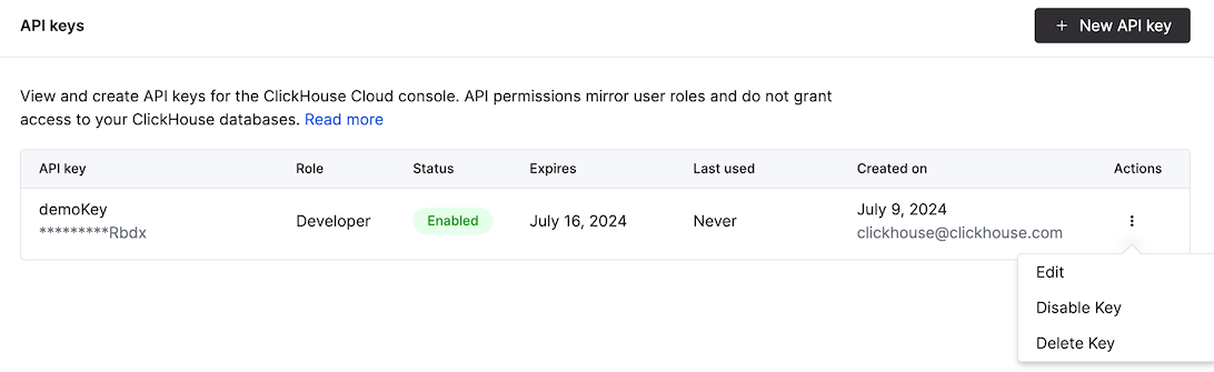 API Keys management page - Zoomed